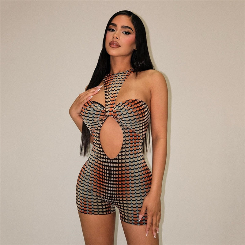 Fashion 3d Print Cut Out Bodycon Rompers Sexy Club Wear Women Summer Clothes Halter Shorts Jumpsuits Woman D87-BD17