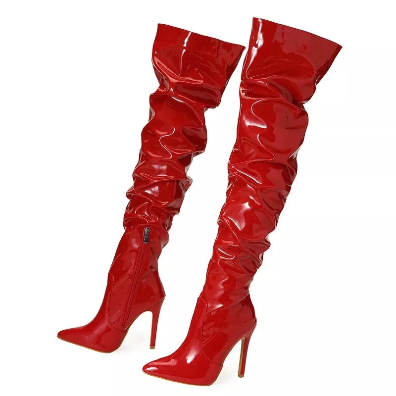 Red Women Over The Knee Boots High Heels Patent Leather Solid Pointed Toe Stiletto Side Zipper Sapatos Femininos
