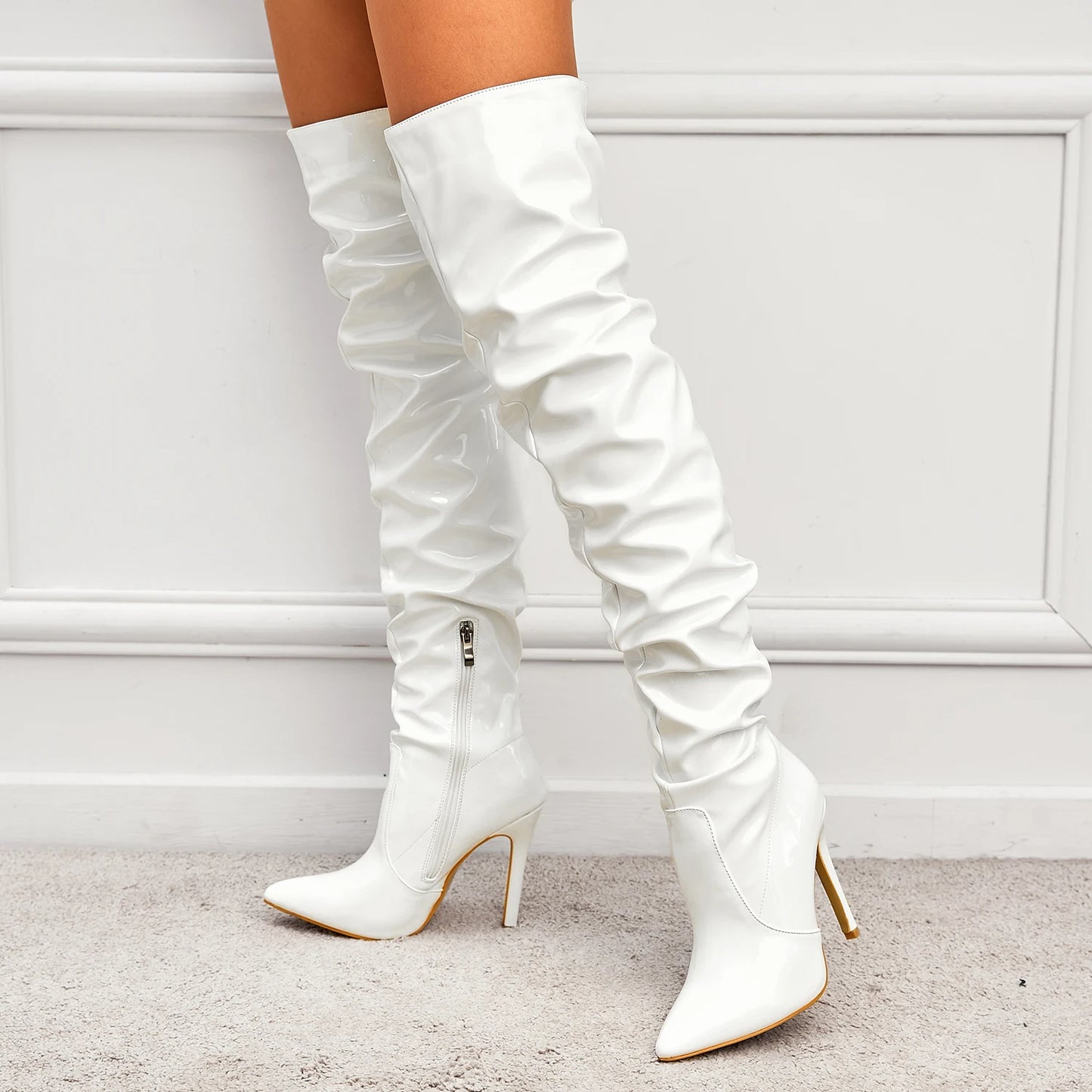 Patent Leather Over The Knee Chelsea Boots Women Shoes Heels Fashion Solid Sexy Thin High Heel Side Zippers Boots Female