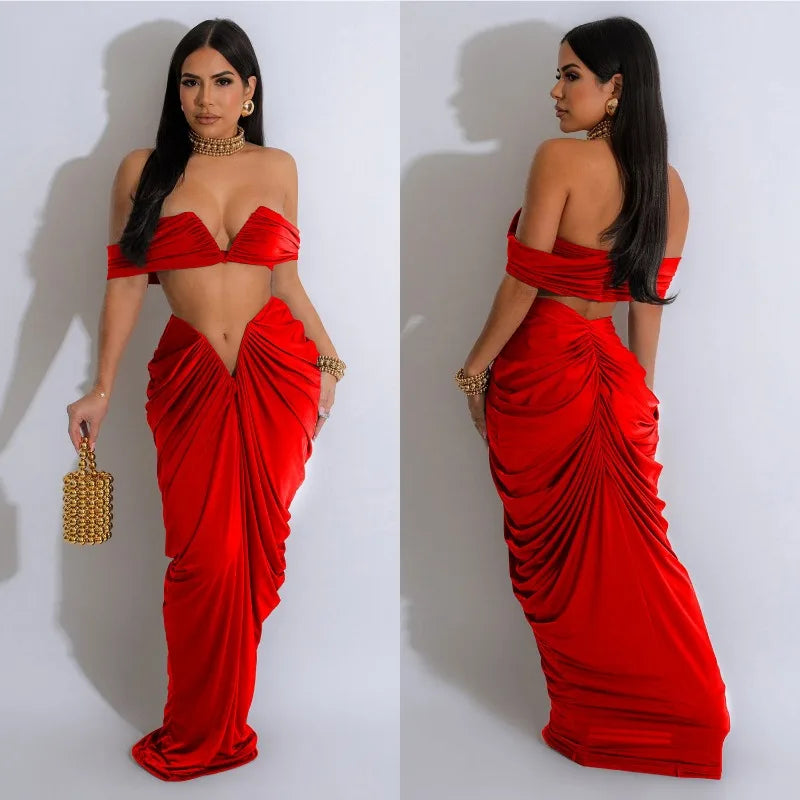 2 Piece Set Deep V Tube Top and Maxi Skirt Sexy Party Dress Vacation Beach Summer Outfits for Women 2024