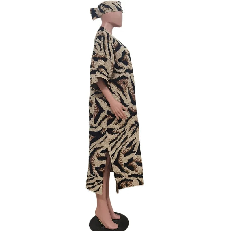 Leopard Print Oversized Knit Cardigan Top Sweater Woman Autumn Winter Clothing Long Coat with Headband