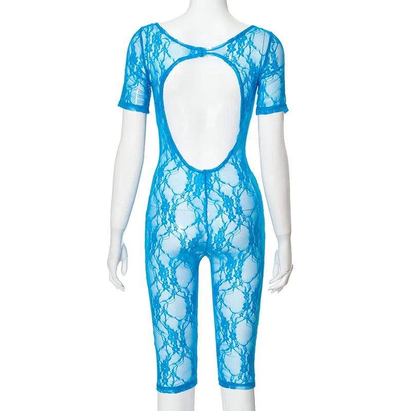 Sexy Cut Out One Pieces Romper See Through Lace Mesh Ladies Jumpsuits Club Addie Outfit 2024 Summer Clothes D85-BI10