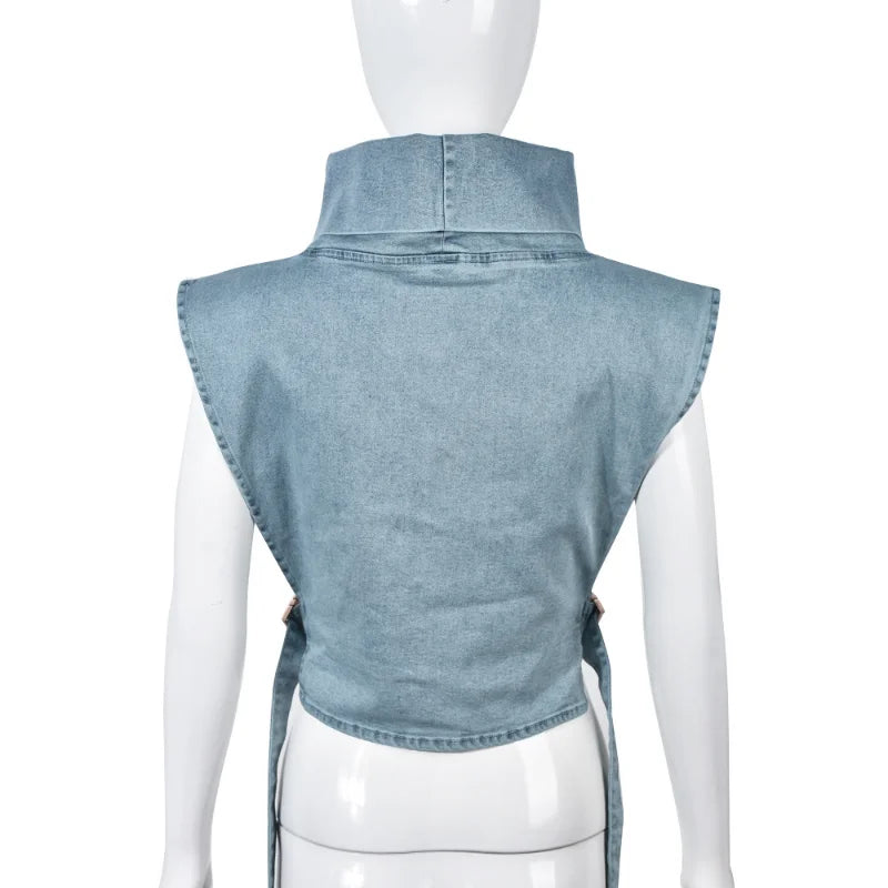 Sexy Blue Denim Cropped Tank Top Womans Y2k Summer Streetwear Side Buckle Belted Sleeveless Jean Cargo Vest D82-ED36