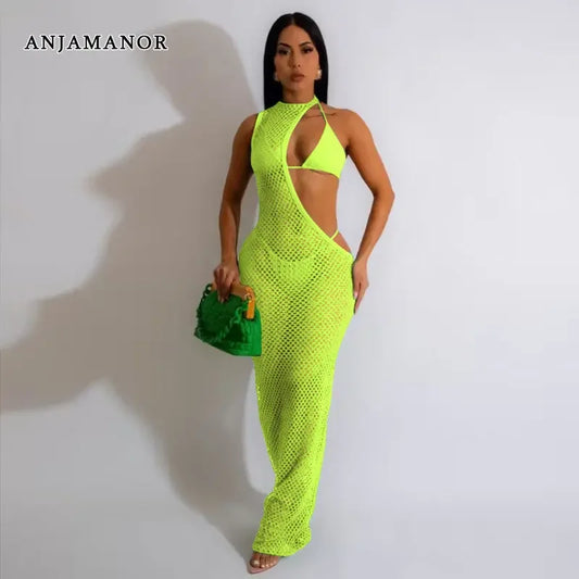 3 Piece Bikinis Sets with Finenet Mesh Cover Up Dress Neon Green Sexy Summer Vacation Beach Outfits for Women D29-CF27