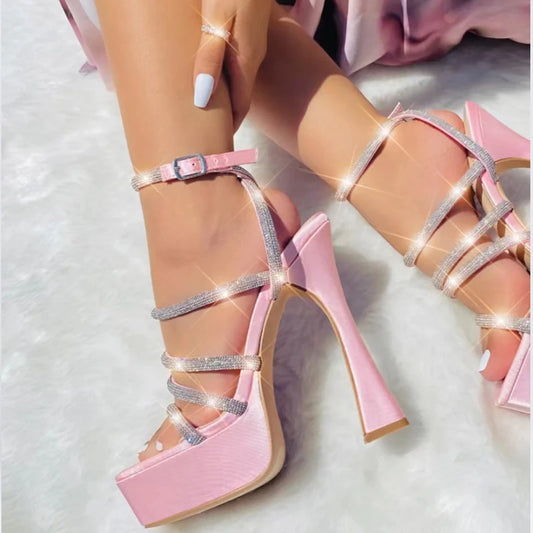 Designer Super Square High Heels Narrow Band Sandals Sexy Pink Silk CRYSTAL Open Toe Chunky Platform Shoes Fashion Women