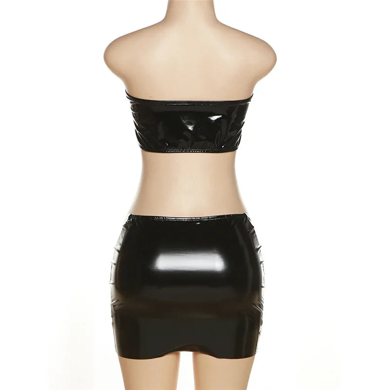 PU Faux Leather Black Sexy 2 Piece Crop Tops and Micro Mini Skirt Sets Streetwear Women Clubbing Outfits D87-BF14