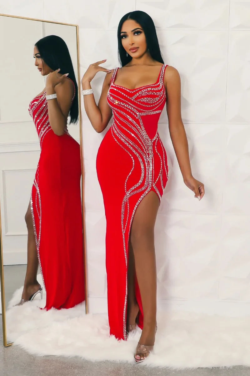 Luxury Sparkly Rhinestone Sleeveless Split Maxi Dresses Evening Party Wears Sexy Elegant Black Dress Women