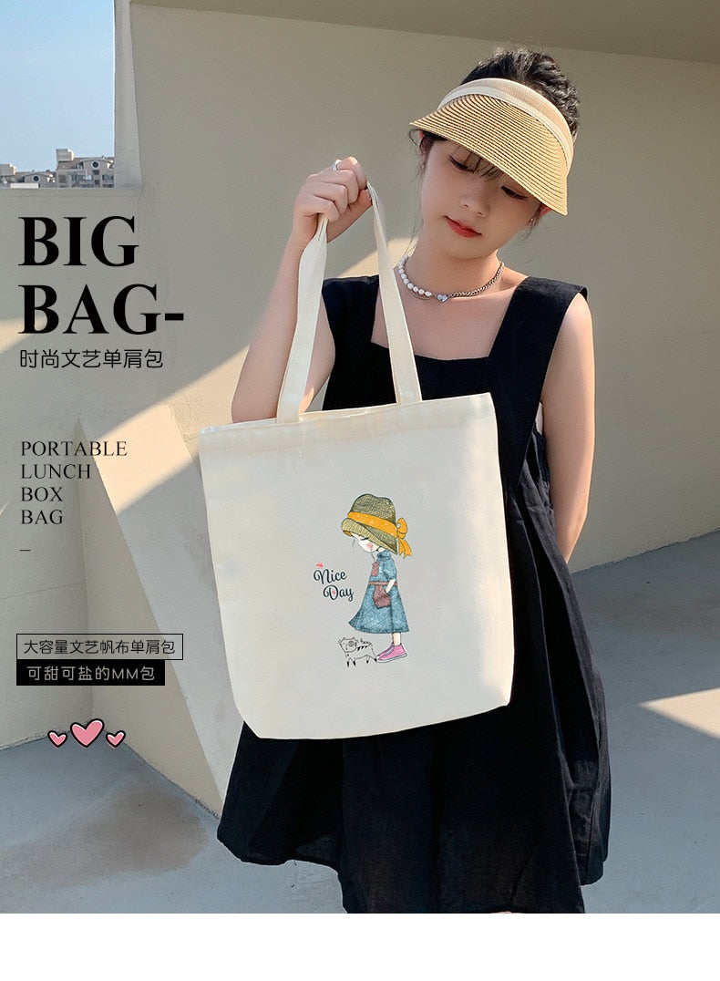 Women's Canvas Bag Literary and Artistic Style Handbag High-Capacity Shoulder Straps Tote Bag Suitable for Female Students