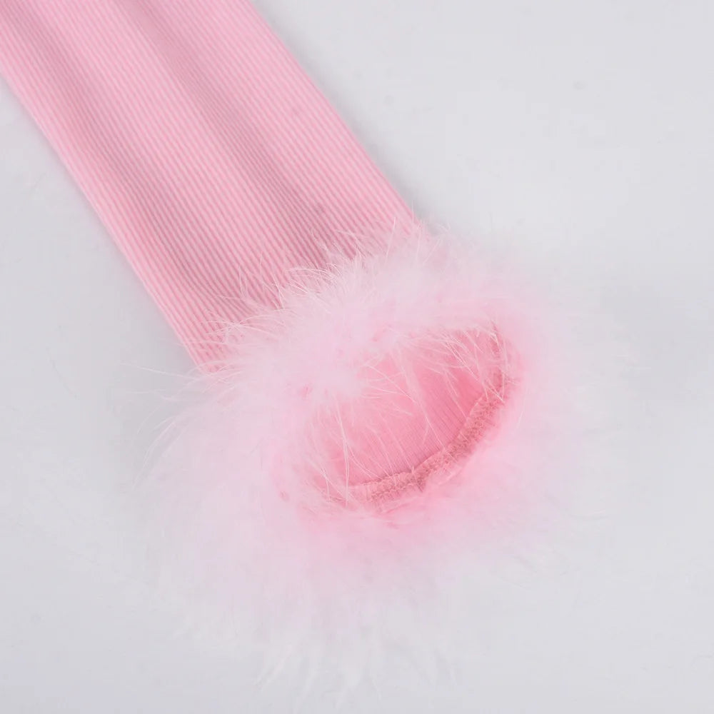 Cute Sexy Pink 2 Piece Set Women Fluffy Faux Fur Trim Tie Up Cardigan and Skirt Birthday Party Club Outfits