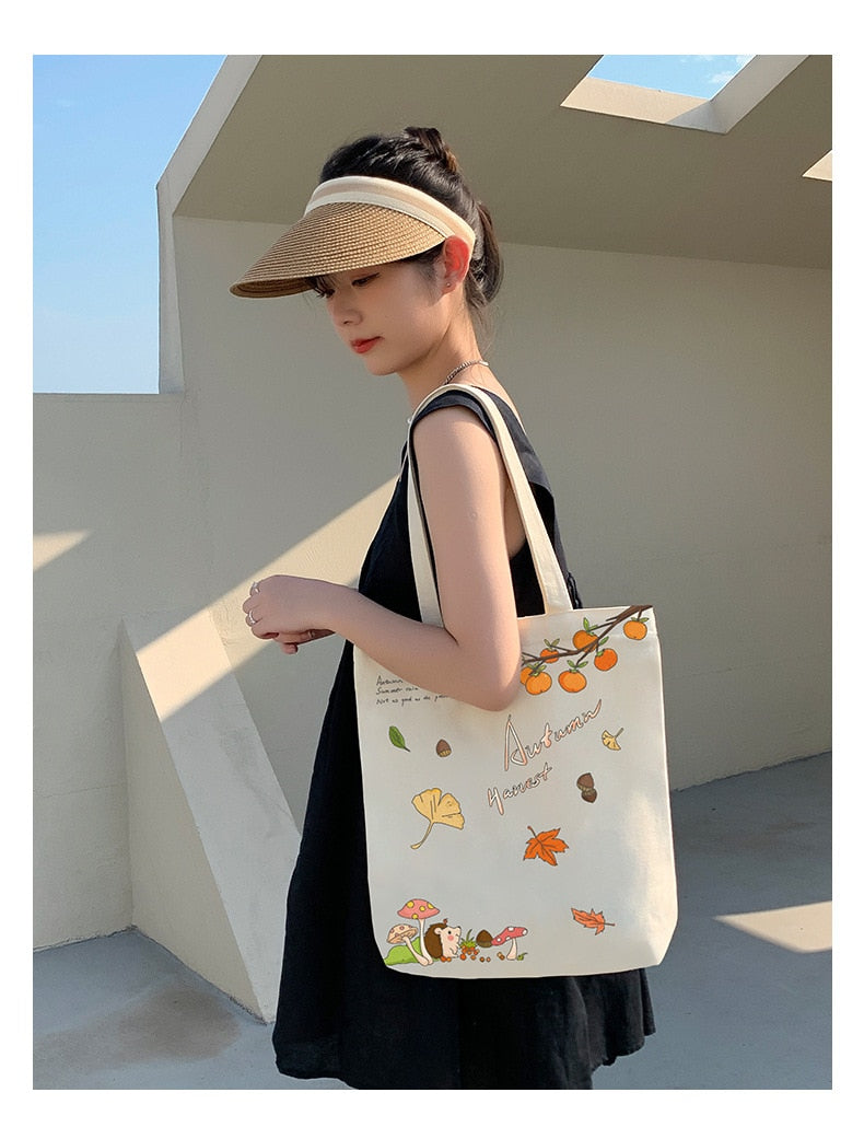Women's Canvas Bag Literary and Artistic Style Handbag High-Capacity Shoulder Straps Tote Bag Suitable for Female Students