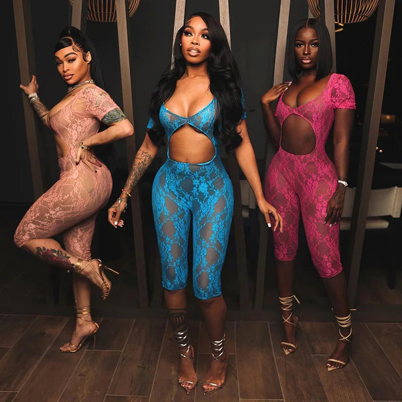 Sexy Cut Out One Pieces Romper See Through Lace Mesh Ladies Jumpsuits Club Addie Outfit 2024 Summer Clothes D85-BI10