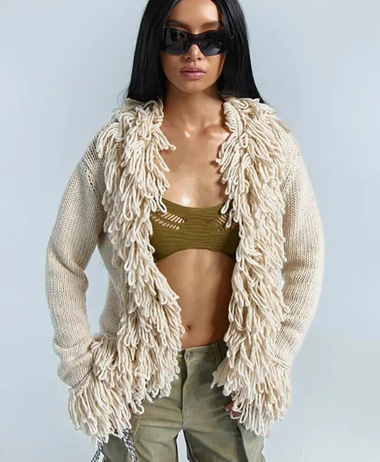 Autumn Women Cropped Vintage Knitted Tassels Jacket W23C34646 Girls Lady Fall Outdoor Furry Cardigan Casual Warm Attire