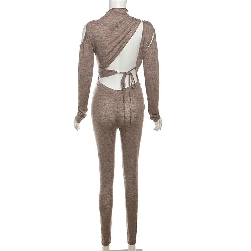 Asymmetric Hollow Out Twist One Pieces Jumpsuit Women Long Sleeve Casual Jumpsuit Female Clothes Fall Outfits D87-EZ34