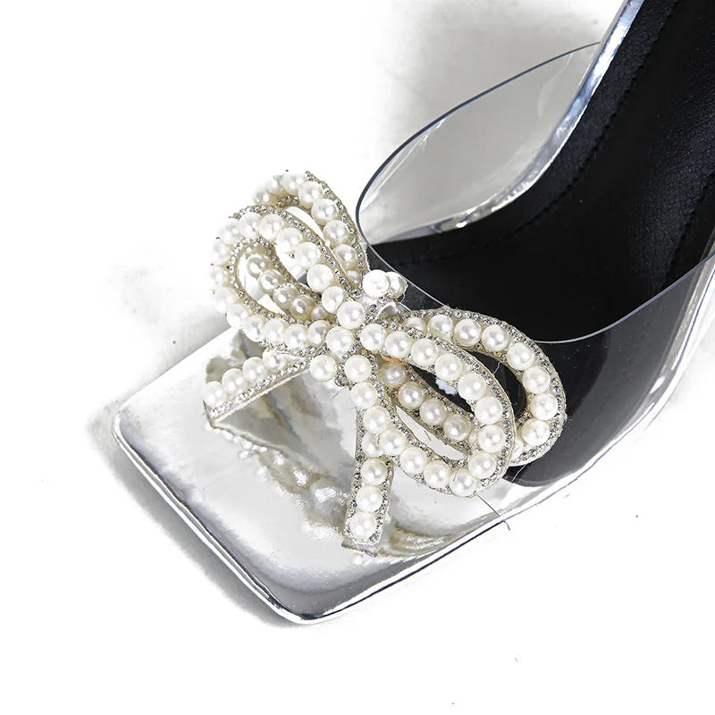 Butterfly Knot String Bead High Heel Sandals Mules Summer Fashion PVC transparent Square Toe Slides Women Pumps Shoes