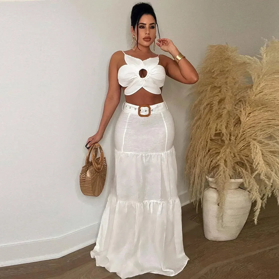 Sexy Two Piece Set Ruched Panelled Maxi Skirt and Flower Top All White Beach Vacation Outfits for Women 2024