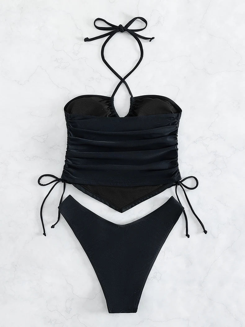 Sexy Thong Bikini Solid Black Halter Pleate Push Up Crop Top Swimsuit 2024 Women Beach Drawstring Bathing Suit Swimwear Biquini