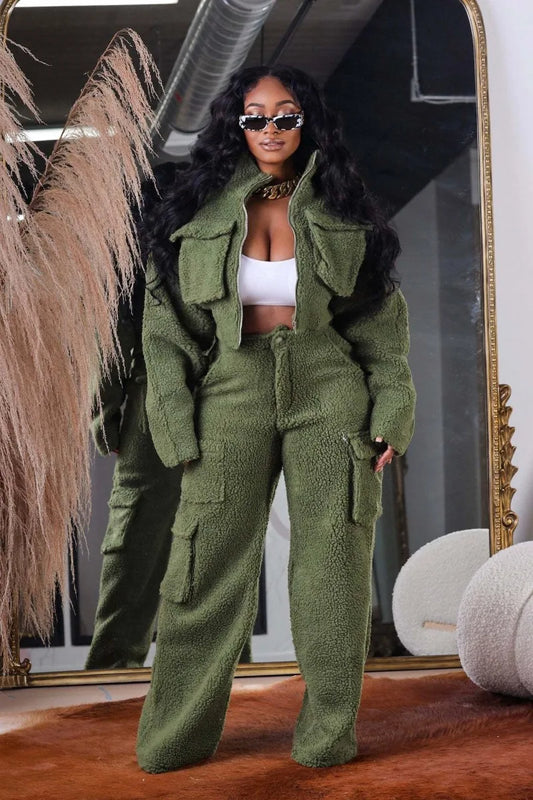 Street Fashion Winter 2 Piece Sets Women Outfit Fleece Jacket and Cargo Pants Matching Sets Sweat Suits D29-AZE140