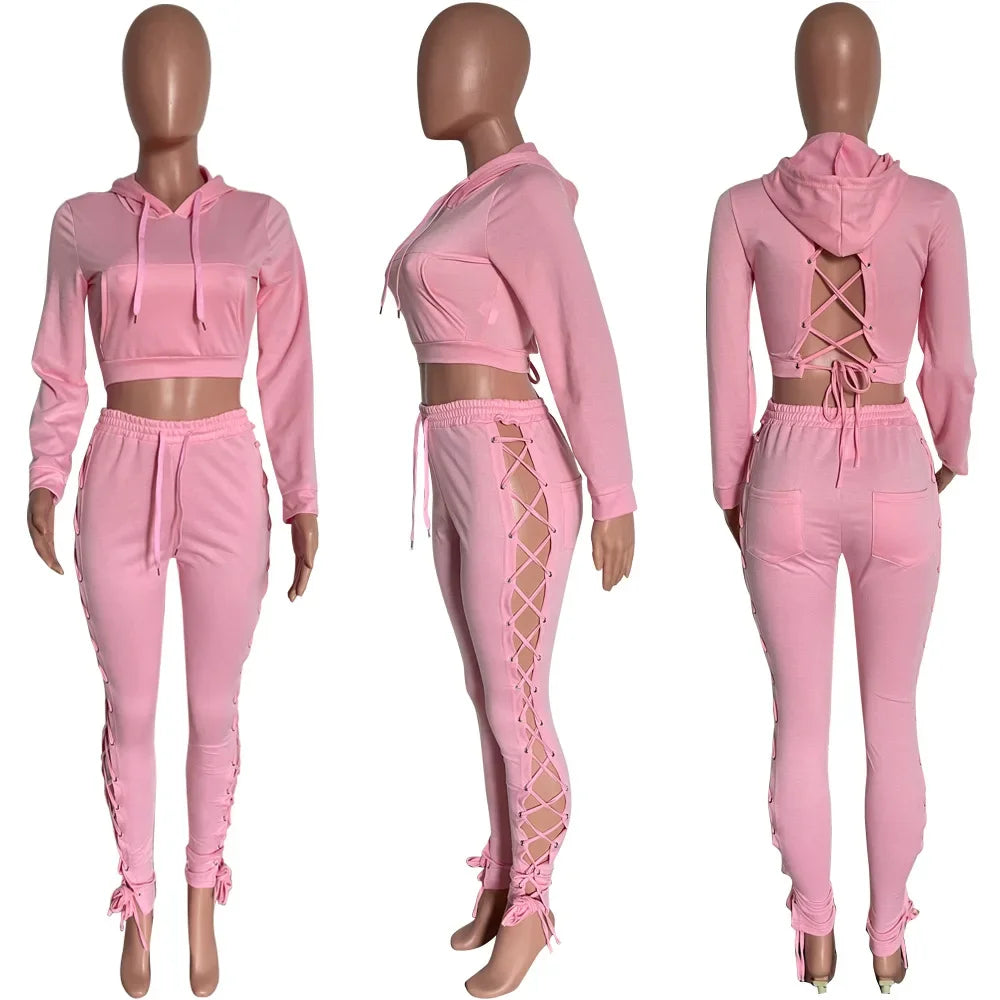 Two Piece Set Tracksuit Sexy Hollow Out Bandage Sweatpants Crop Hoodie Jogging Suit Wholesale Clothes Women