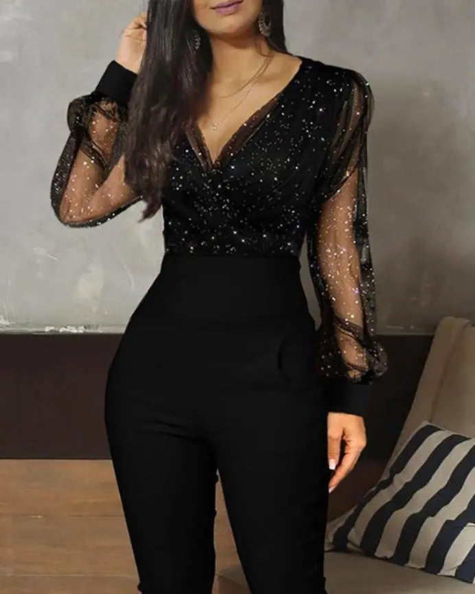 Sexy Jumpsuits Fashion Sheer Mesh Glitter Pocket Design Jumpsuit & Europe America Women's Clothes Weekend Party Evening Jumpsuit