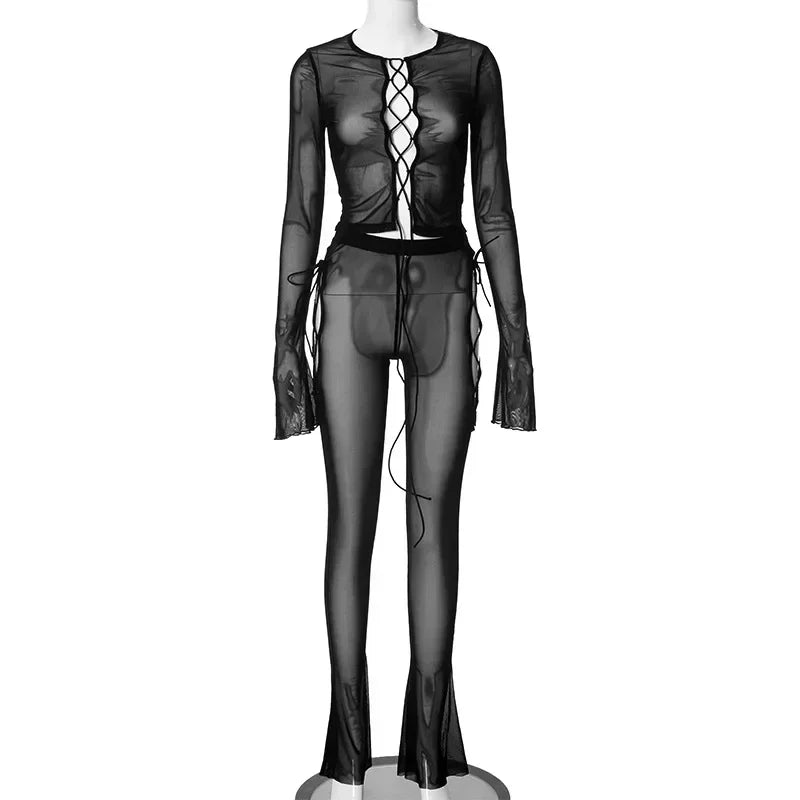See Through Mesh Black Long Sleeve 2 Piece Set Cut Out Lace Up Flare Pant Sets Sexy Outfits for Women Clubwear