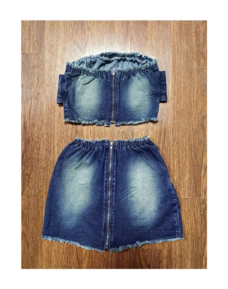 Two Piece Jean Outfits for Women Summer Clothes 2024 Sexy Belted Tube Top and Mini Skirt Sets Club Wear D73-GD45