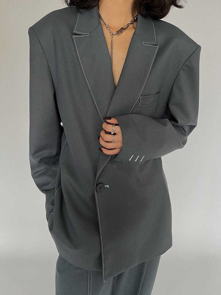Fashion Women's Notched Collar Loose Single Button Open Line Blazer Grey Loose Wide Leg Suit Pants Autumn 2023 New 17A6715