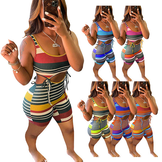 Rompers Womens Bodysuit Shorts Romper Knitted Striped Design