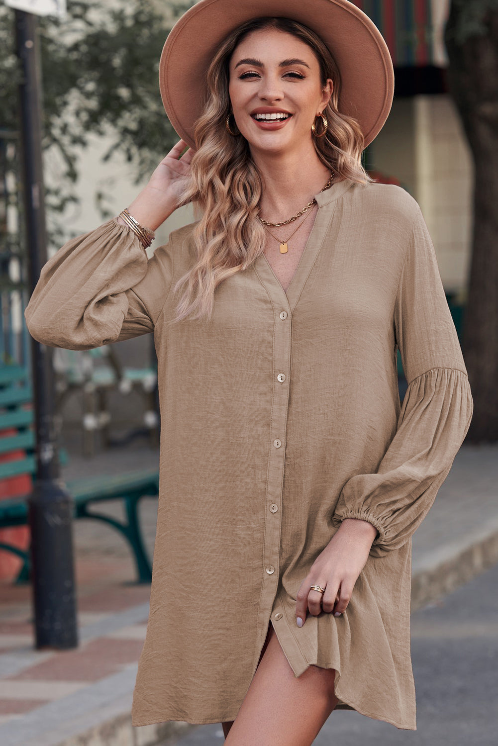 Notched Button Up Balloon Sleeve Longline Top