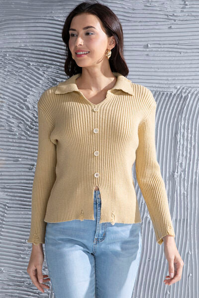 Ribbed Long Sleeve Slit Distressed Sweater