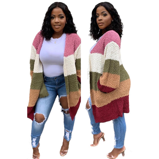Knitted Sweater Plush Matching Color Women Tops Casual Ladies Cardigan