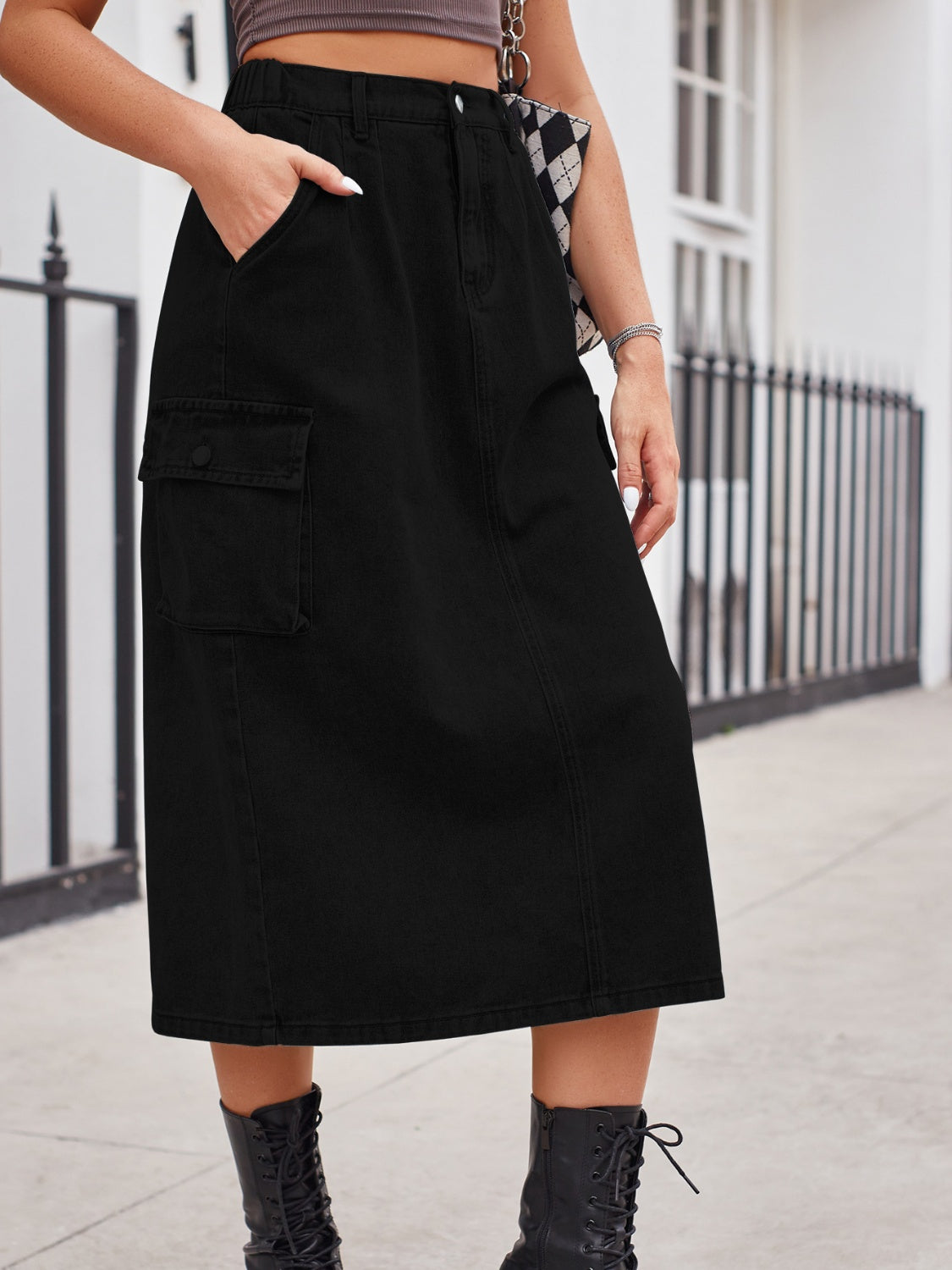 Slit Buttoned Denim Skirt with Pockets