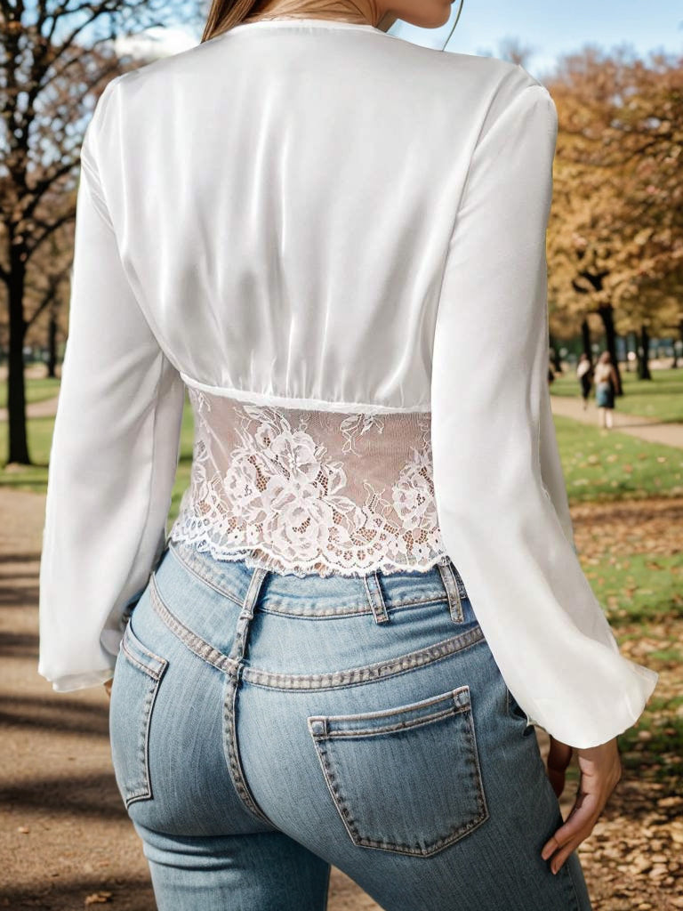 Lace Detail Plunge Balloon Sleeve Blouse