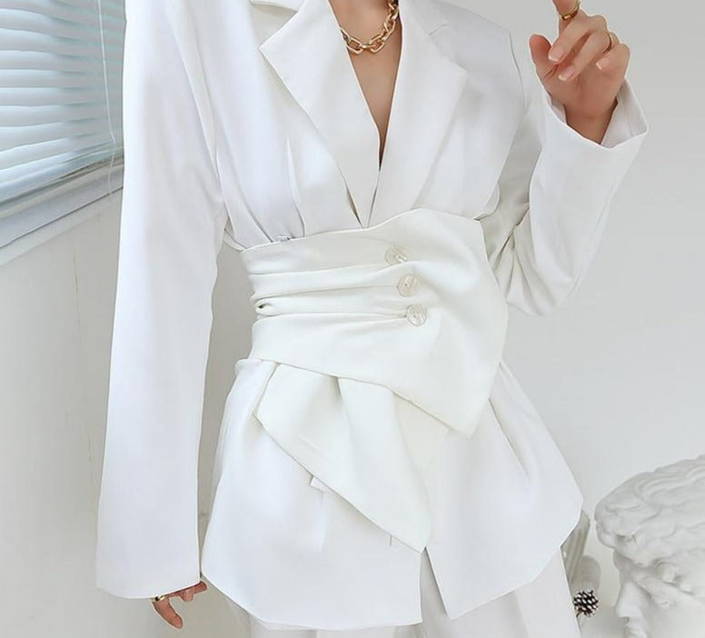 White Minimalist Blazer for Women Notched Long Sleeve Sashes Elegant