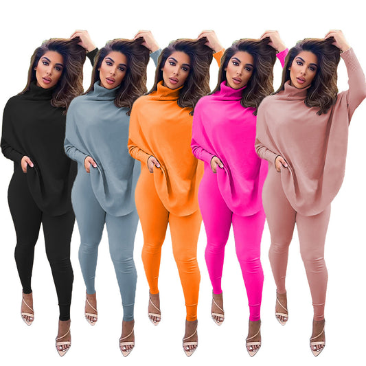High Quality Solid Color Long Bat Sleeve Sweater Set for Women Clothes Two-Piece Suit