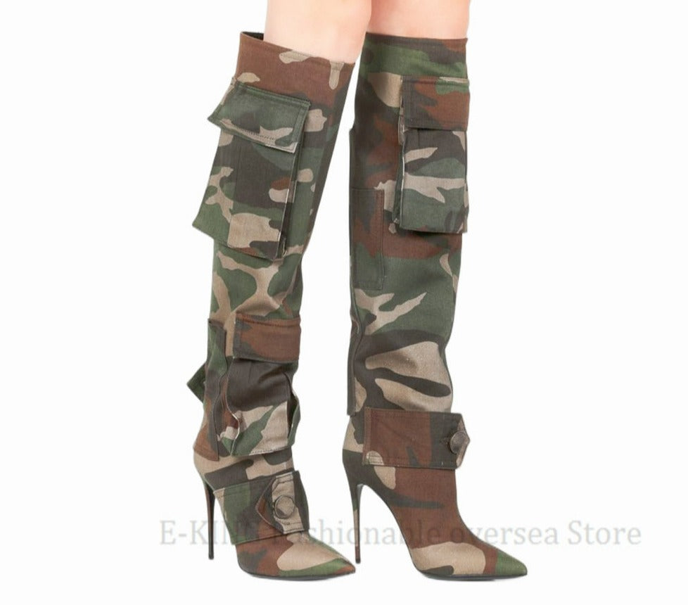 New Women Camouflage Knee High Boots Female Pocket Stiletto Heels Boots Sexy Pointed Toe Thigh High Botas De Mujer