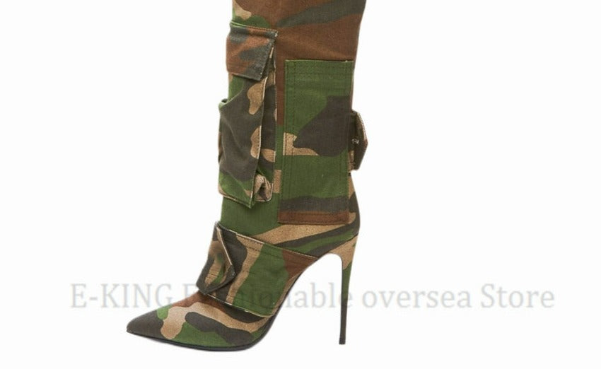 New Women Camouflage Knee High Boots Female Pocket Stiletto Heels Boots Sexy Pointed Toe Thigh High Botas De Mujer