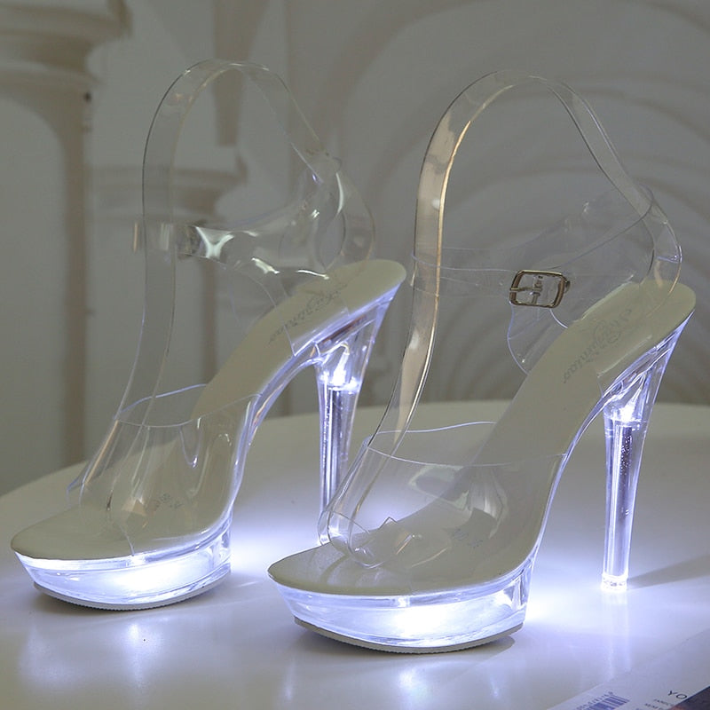 Light Up Glowing Shoes Woman Luminous Clear Transparent  Sandals Women Platform Shoes LED 13cm High Heel Stripper Heels Shoes