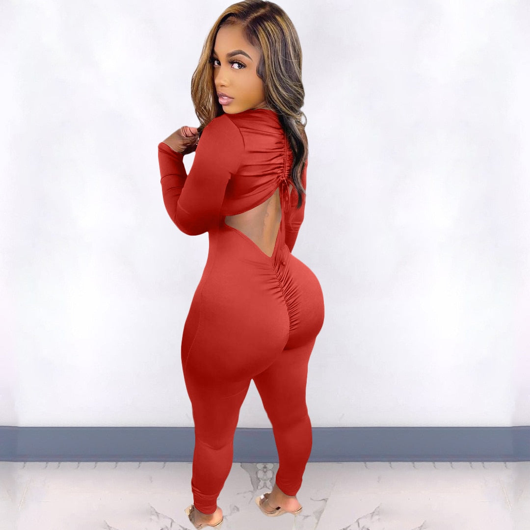 Women Long Sleeve Ruched Open Back V-neck Jumpsuit Streetwear Sexy Party Solid High Waist One Piece Overall Playsuits