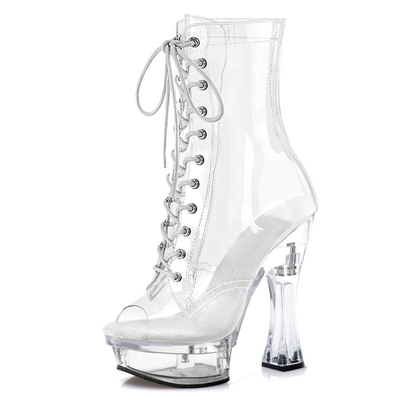 15CM Transparent Short Boots Pole Dance Waterproof Platform High Heels Nightclub Catwalk Sexy Women Shoes LYP