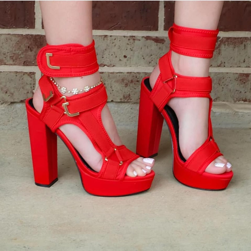 Women Platform Sandals Open Toe Cut Out High Heels Shoes Hook-and-Loop Ankle Strap Sexy Stiletto Shoes Buckle Decor Sandals