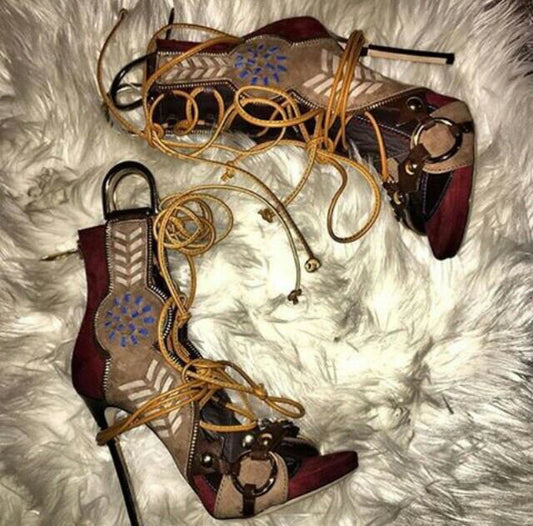 Metal Ring Faux Fur Decorated Stiletto Heels Ankle Strap Sandals With Rivets Women Mixed Color Open Toe Party Casual Shoes Lady