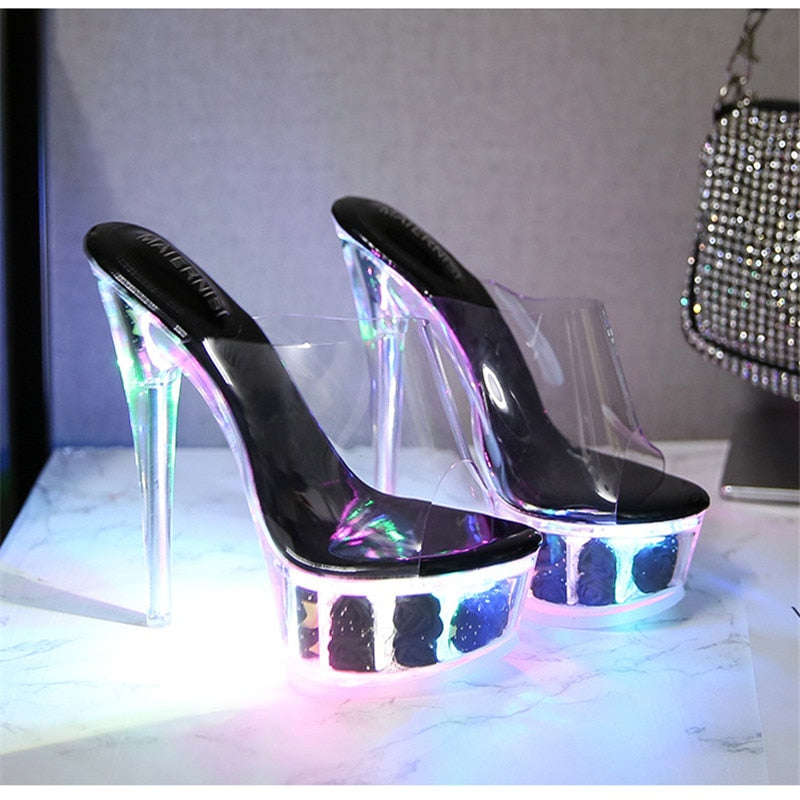 Light Up Glowing Shoes Woman Luminous Clear Sandals Women Platform Shoes Clear High Heel Transparent Stripper Wedding Shoes