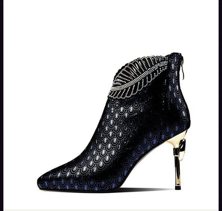 Peacock Pattern Embossed Leather Boot Woman Ankle Boots Low Heel Party Women Winter Shoes