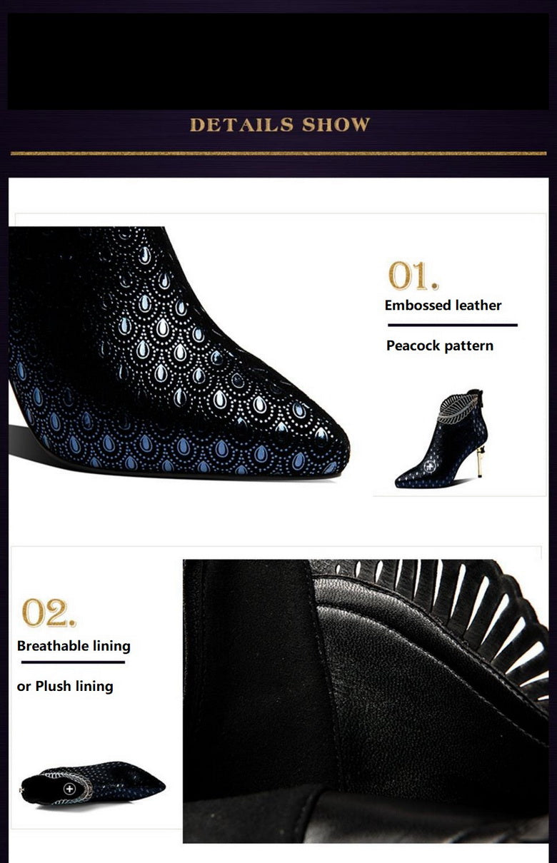Peacock Pattern Embossed Leather Boot Woman Ankle Boots Low Heel Party Women Winter Shoes