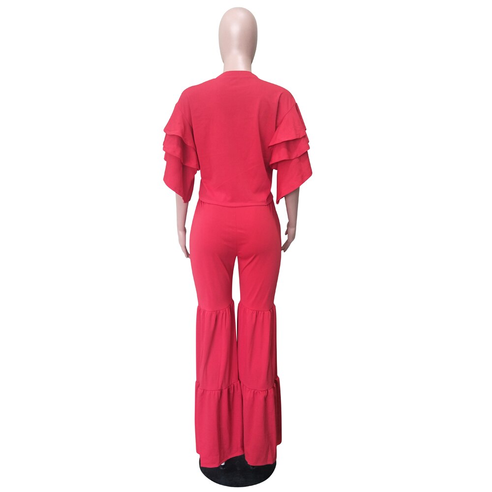 New Autumn Winter Women set Tracksuit O Neck Petal Sleeve Top Flare Pants Suit Two Piece Set Solid Night Club Outfits LS6326