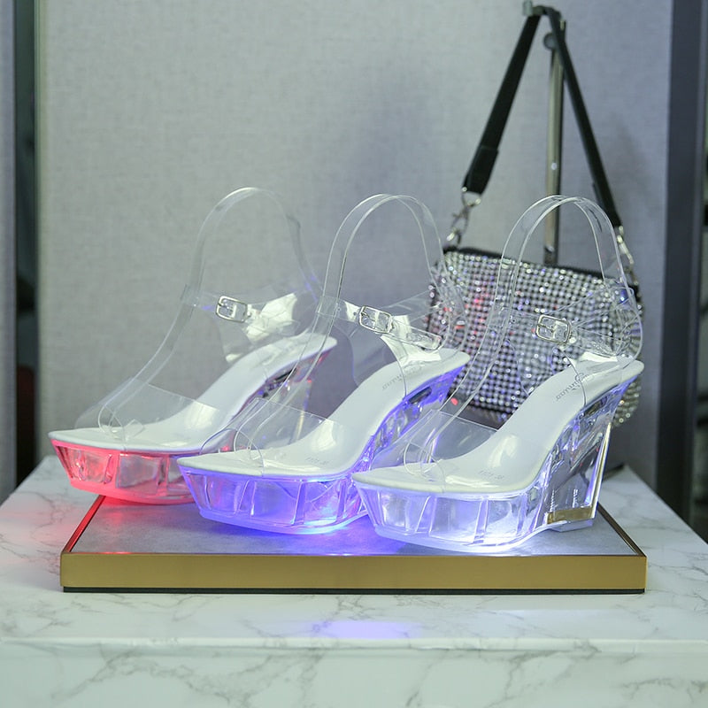 Sexy Sandals Women Clear Wedge Heel Multicolor Light-emitting PVC Platform Buckle Strap High Heels Women Party Shoes