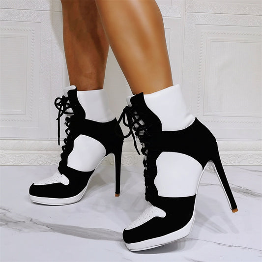 Short Boots Women New Style Comfortable Sports Style Boots Lace-up Ankle Boots Stiletto High Heel Casual Boots