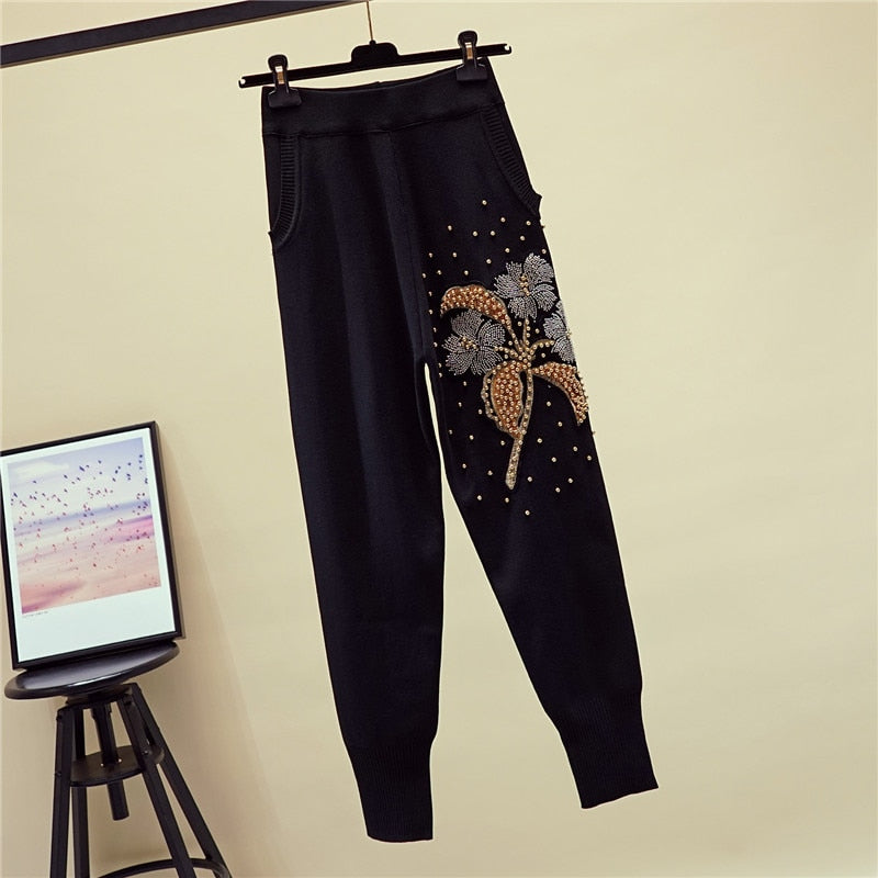 Autumn Women Set Beading Flowers Sweater Knitted Pencil Pants Two Piece Outfits Female Loose Black Pullover Knit Trousers Suit