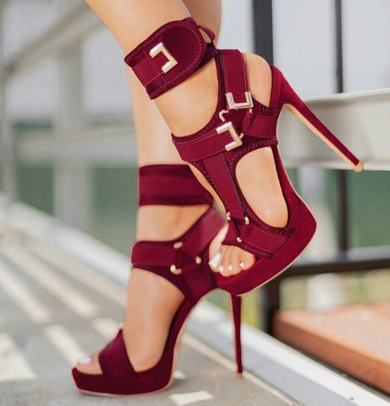 Women Platform Sandals Open Toe Cut Out High Heels Shoes Hook-and-Loop Ankle Strap Sexy Stiletto Shoes Buckle Decor Sandals