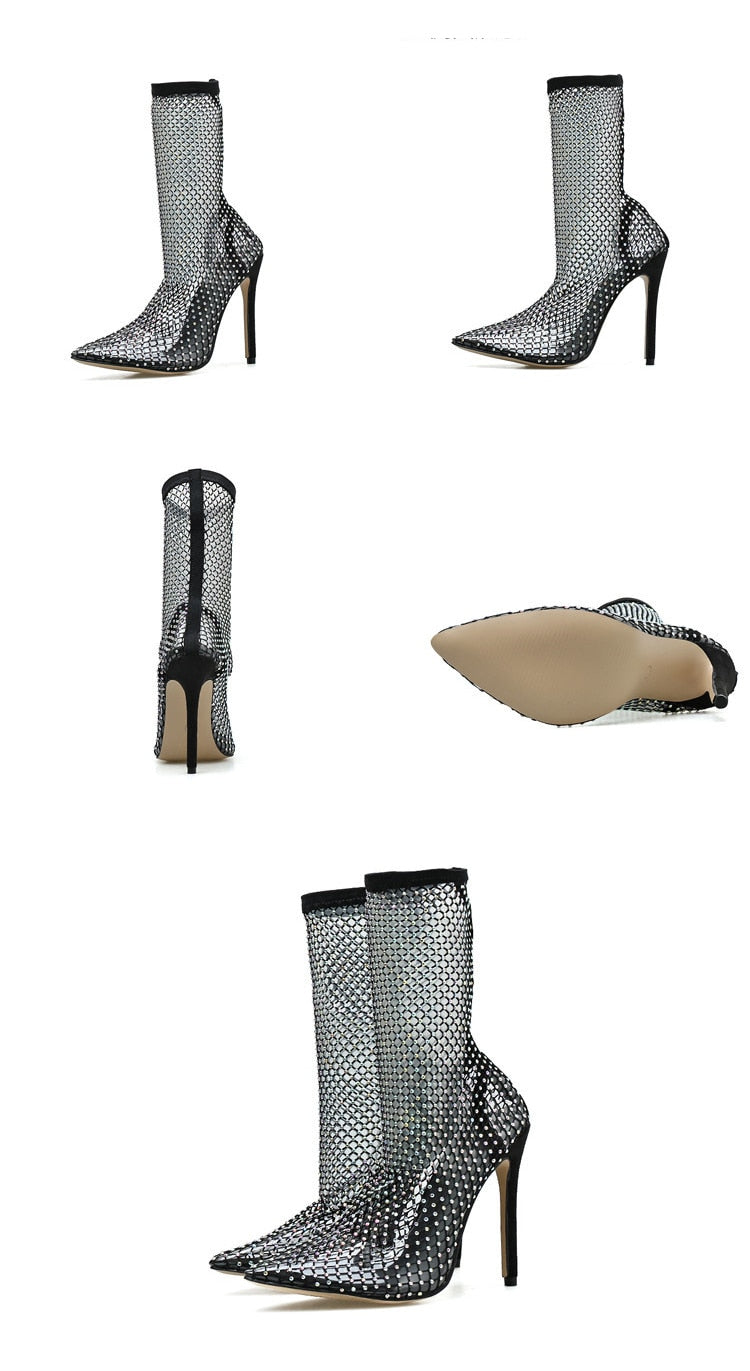 New Design Crystal Rhinestone Mesh Stretch Fabric Sock Boots Fashion PVC Transparent Pointed Toe Shoes Sexy High Heels
